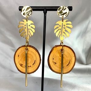 Gold Stud Wood Earrings with Monstera Leaves and Bars